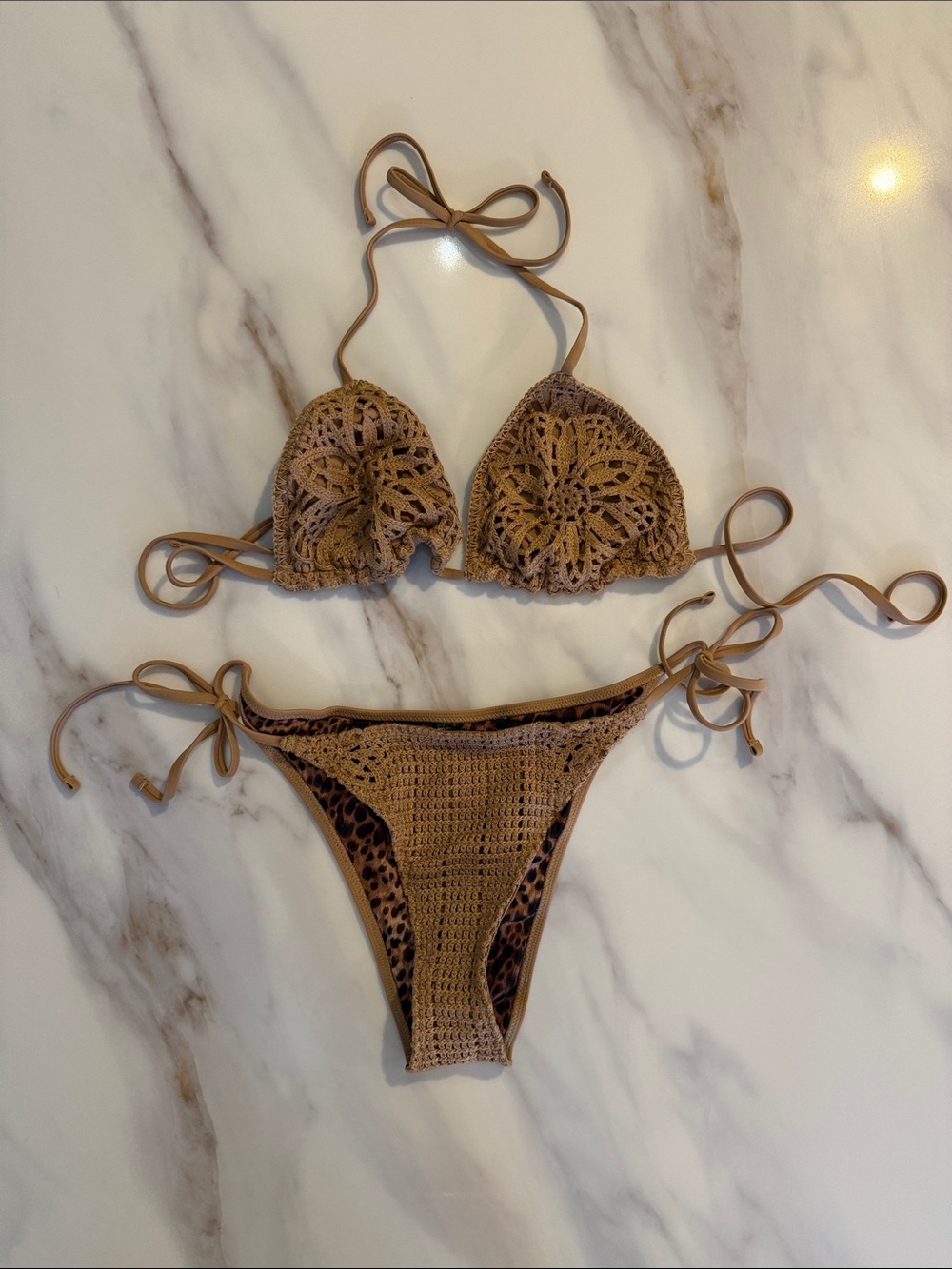 Aerie Sun Lovers Crochet Bikini Top and Tie-Side Bottoms Set Medium Beach Dune - Picture 7 of 16